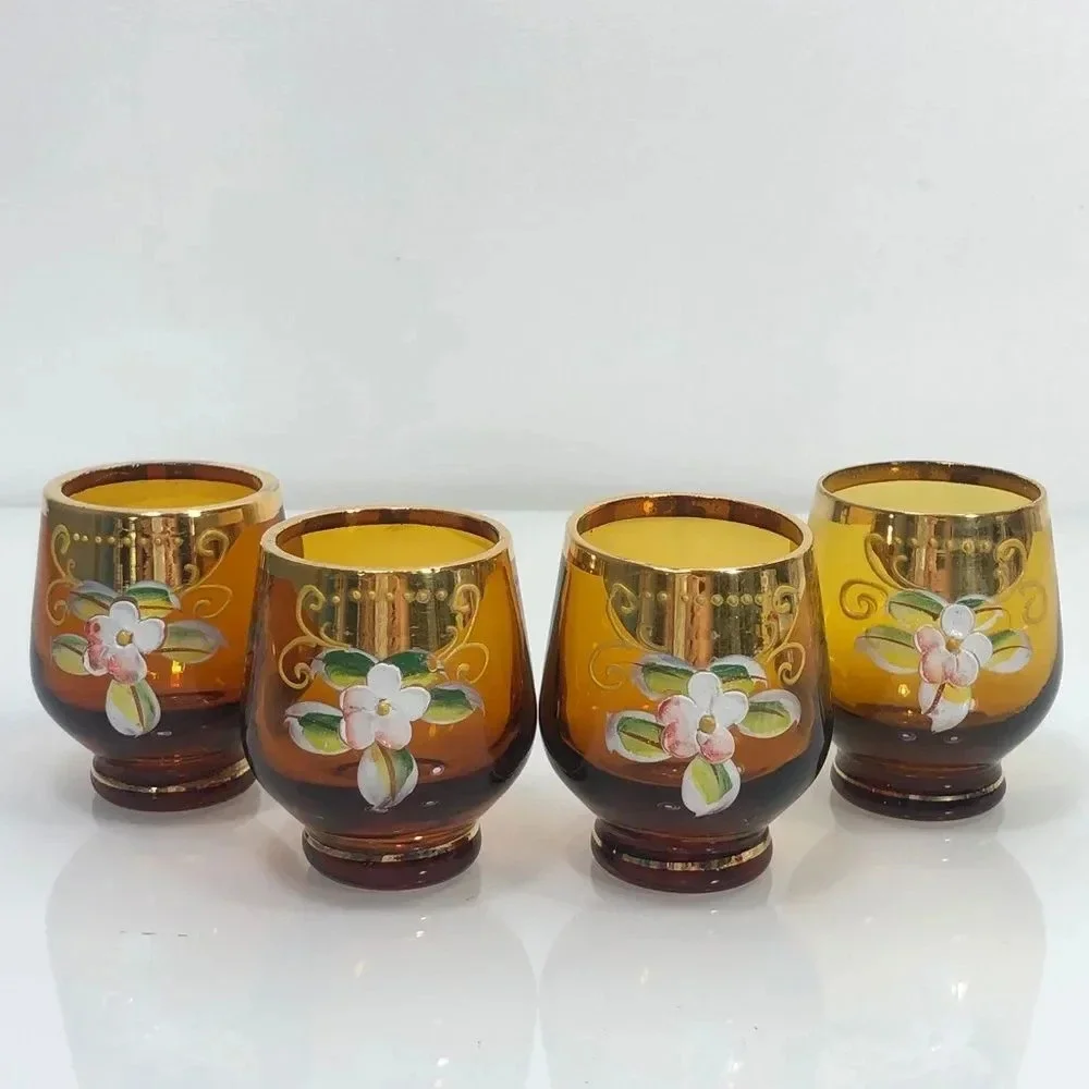 Bohemian Amber Glass Gold Gilding Raised Hand Painted Floral Design Shot Glasses